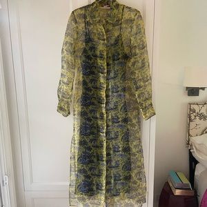 STAUD yellow, blue gauze button down dress with slip.